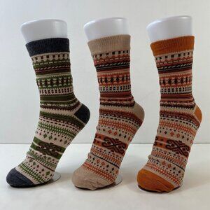 Womens Crew Socks Set 3 Fair Isle Nordic Pattern Beige Orange Green Brown